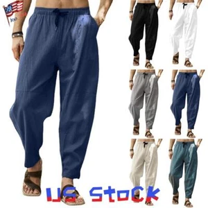 Mens Cotton Linen Wide Leg Trousers Casual Drawstring Elastic Waist Loose Pants - Picture 1 of 31
