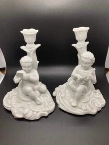 ✨Very Rare Maitland Smith Ceramic Cherub Candlesticks Playing Music Instruments - Picture 1 of 12