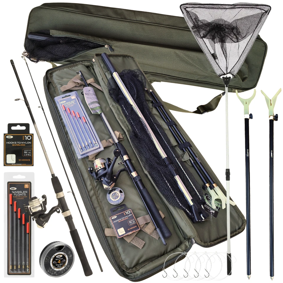 COMPLETE FISHING SET ROD AND REEL STARTER SET TRAVEL BAG FLOATS SHOT NET HOOKS - Image 1 of 4