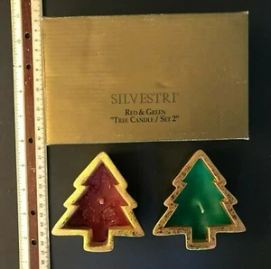 Christmas Red & Green Tree Shaped Candle Set 2 Ceramic Gold Base Silvestri - Picture 1 of 2