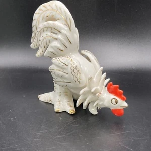 Rooster Bird Figurine Pecking Red White Gold Painted Accents Japan Vintage - Picture 1 of 11
