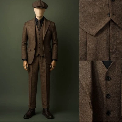 Business Men Suits Sets Herringbone Tweed Wool Blend Wedding Tuxedos Tailored - Image 1 of 4