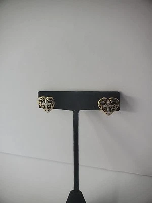 复古耳环夹 Vermeil 925 纯银 10K 金色心形十字架领主祈祷 — 第 1/4 张图片