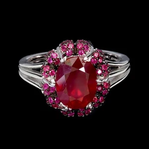 925 Sterling Silver Ring Oval Ruby 9x7mm Ruby Round Myanmar Gemstone Jewelry - Picture 1 of 13