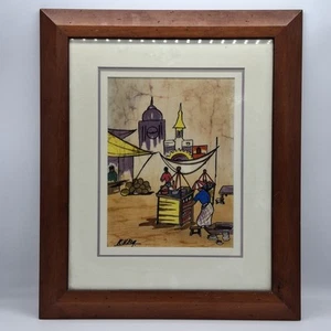 QUADRO BATIK ORIGINALE INCORNICIATO E FIRMATO VINTAGE MERCATO AFRICANO SU TELA K.H.ENG - Foto 1 di 4