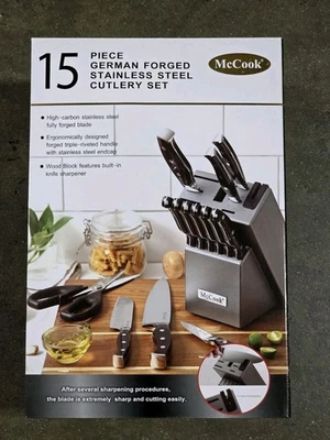 McCook MC25A Knife Set with Built-in Sharpener - Stainless Steel, 15 Pieces New