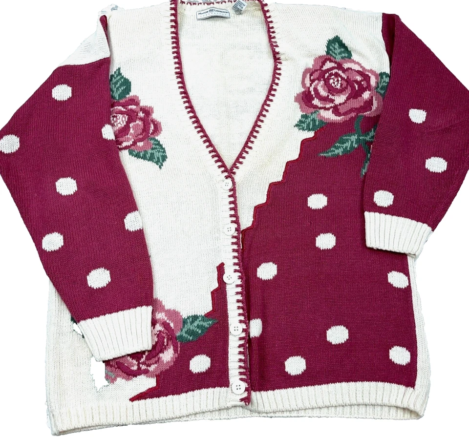 Винтажный женский свитер Maggie Lawrence большой белый розовый кардиган в горошек - Изображение 1 из 4