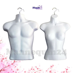 MALE & FEMALE HANGING TORSO DRESS FORM SET - WHITE HARD PLASTIC MANNEQUINS - Picture 1 of 6