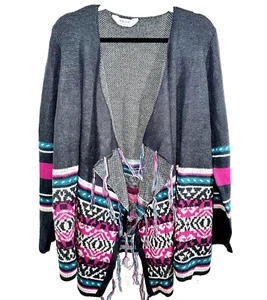 Damen-Cardigan offener Pullover Fransensaum nordisch Größe L Druck Tribal Boho aztekisch - Bild 1 von 8