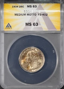 FS-402 1934 Silver Medium Motto Washington Quarter ANACS # 7577308 + Bonus - Picture 1 of 2
