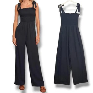 Lulus Fond Of You Tie-Strap Smocked Wide Leg Jumpsuit Womens Medium Black - Bild 1 von 13