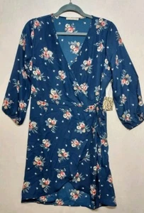 NWT Floral Wrap Dress Sz L Blue Hi Lo Hem Short Flowy Beachy V-Neck Active USA - Picture 1 of 17