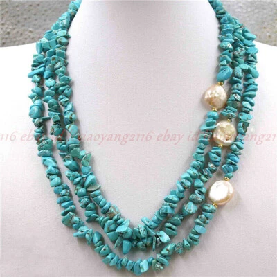 3 Rows Natural Blue Turquoise Gems White Baroque Pearls Cluster Necklace 18-20'' - Image 1 of 4