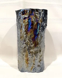Vintage Ucagco Norleans Black Glass Iridescent Carnival Tree Bark Design Vase - Picture 1 of 8