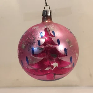 Vtg MCM Hand Painted PINK w Tree & Candles Glass xmas Ornament POLAND 2.25" - Picture 1 of 7