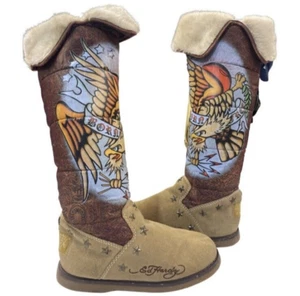 Ed Hardy Born Free American Eagle Fur Lined Winter Boots Women's Size 9 Unisex - Picture 1 of 19