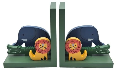 GISELA GRAHAM Wooden BOOKEND SET Green ANIMAL Bookshelf Decoration Ornament - Image 1 of 4