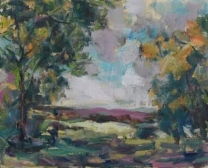 Arte Original Pintura al Óleo RM Mortensen "Reuniendo Nubes" Paisaje Campo Árboles - Imagen 1 de 1
