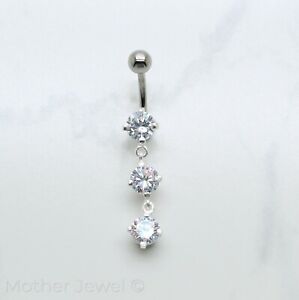 REAL 925 STERLING SILVER TRIPLE ROUND SIMULATED DIAMOND DANGLE BELLY BAR RING