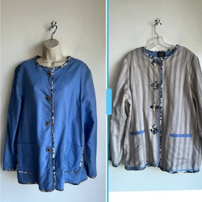 KOOS Of Course! Reversible Linen Blend Button Front Jacket Blue/Tan Stripe LARGE - Image 1 of 4