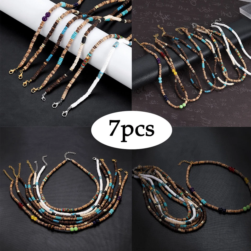 Juego de 7 piezas de collar con cáscara de coco marrón Bohemia Surfer para hombres conjunto de joyas de playa Foto 1 de 4