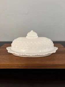Fenton Hobnail weiß Milchglas bedeckt oval Butter überbacken Spitzenrand Schale - Bild 1 von 9