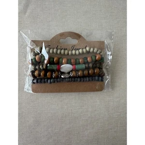 Böhmische Perlen Armbänder Stapel 5er Set Naturholz Stein Damen Schmuck - Bild 1 von 5