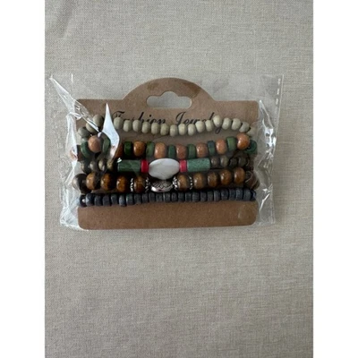 Bohemian Beaded Bracelets Stack Set Of 5 Natural Wood Stone Women Jewelry New - Image 1 of 4