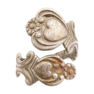 925 Sterling Silver Vintage Ring AVON Floral Hearts Bypass Band  Sz 8  RG33866 - Image 1 of 4