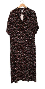 Abito Silhouettes Taglia 26 Rayon Nero Rosso Fiori Midi Manica Corta Cottagecore - Foto 1 di 5