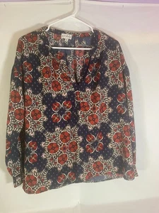 Wonderly SM Blue & Rust multi-color Pattern Long Sleeve V-Neck Pullover Blouse - Picture 1 of 3