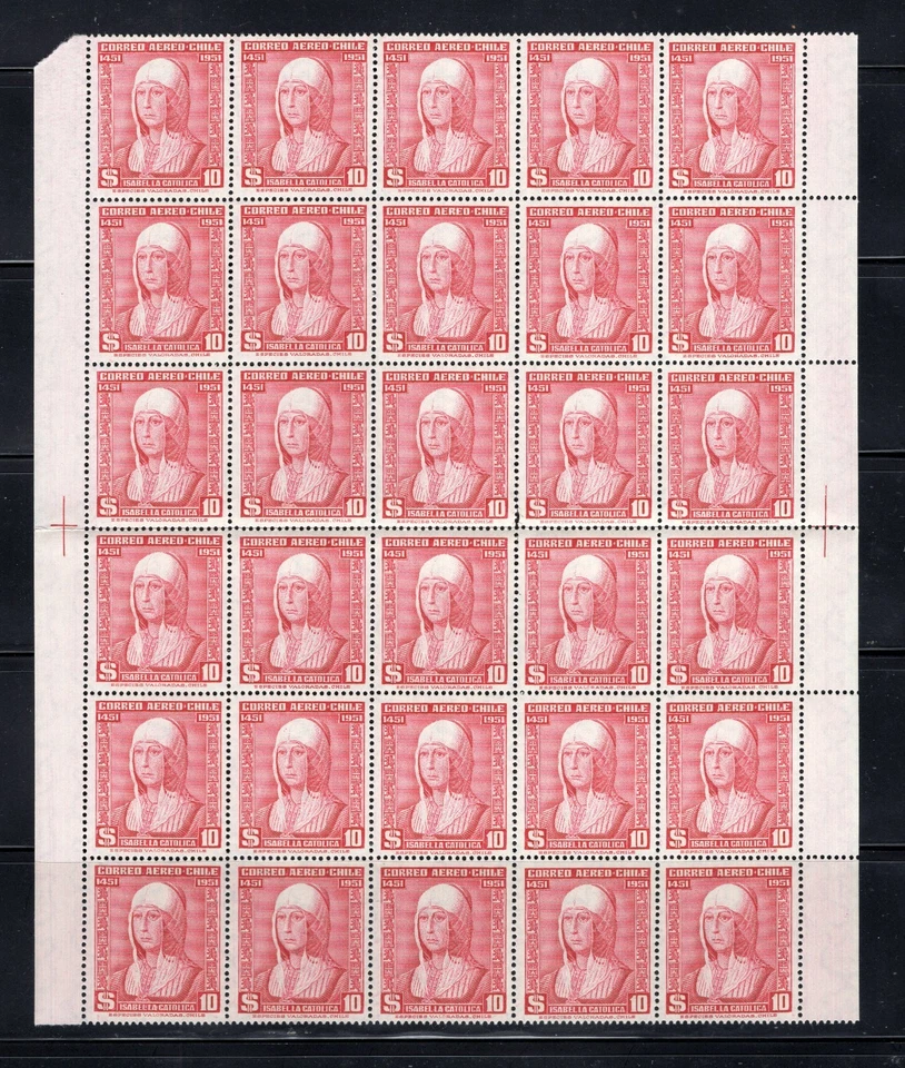 CHILE 1951 Sc.C166 Isabella 10p red MNH massive block of 30 - Image 1 of 1