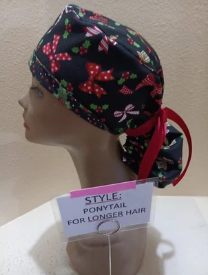 Christmas Bows Women's Ponytail Surgical Scrub Hat/Cap Handmade - Image 1 of 4