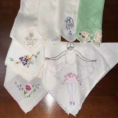 Lot Of 10 Vintage Cotton Handkerchief Hankies Embroidered Fancy Work Tatted - Image 1 of 4