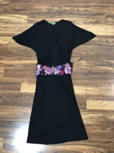 TIBI Black Midi 100% Wool Dress Size Small Embroidered Floral Belt Batwing - Picture 1 of 12