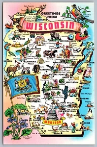 Postcard Wisconsin c1960 Greeting from Wisconsin State Map Landmarks Attractions - Picture 1 of 2