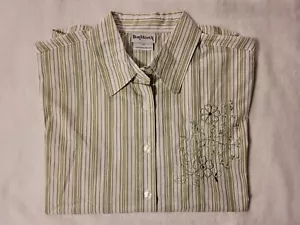 BonWorth Womens Sz LP Green Striped Short Sleeve Button Up Shirt Top Blouse - Picture 1 of 8