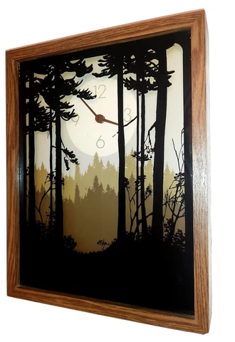 Vintage 70s Elgin Wall Clock Reverse Painted Tree Forest Shadow Box Silhouette Cover