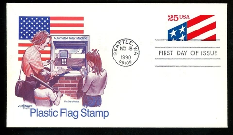 AMERICAN FLAG 1ST PLASTIC STAMP MADE FOR ATM TELLER MACHINES 1990 FDC Fleetwood Cover
