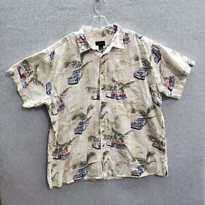Harbor Bay Men Button Up Shirt 2X Beige Plaid Classic Cars Hawaiian Pocket