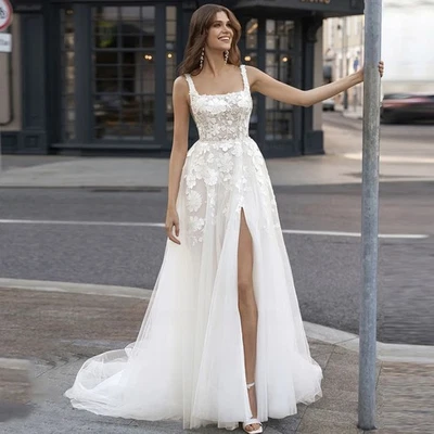 Tulle Long Wedding Dresses Spaghetti Strap Applique Sweep Train Bride Dress - Image 1 of 4