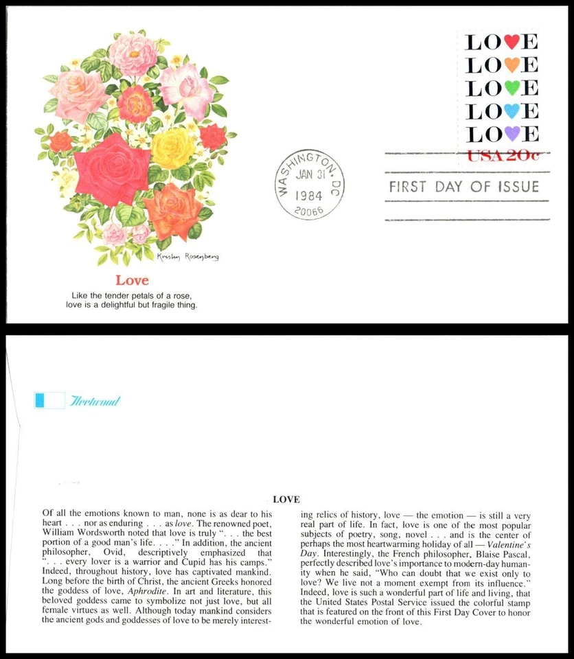 1984 Love Hearts Sc 2072 FDC Fleetwood Valentine's Day wedding romance flowers - Image 1 of 1