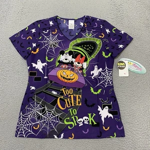 Disney Scrub Top Womens S Halloween Mickey Minnie Glow Dark Cherokee Tooniform - Picture 1 of 14