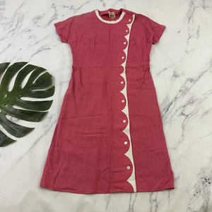 Lampl Womens Vintage 60s Sheath Dress Size S Pink White Scallop Buttons Linen - Picture 1 of 11