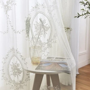 White Lace Curtains 84 Inches Long Sheer Rose Floral Embroidery Vintage Voile... - Picture 1 of 7