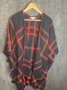 LOFT Women’s Sweater Cape Sz M/L Open Front Plaid Arm Holes Red Navy Blue - Picture 1 of 6