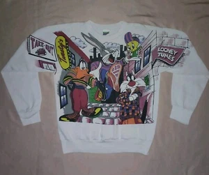 Vintage 1994 Looney Tunes Freeze Crewneck Sweatshirt Size L All Over Print AOP - Picture 1 of 8