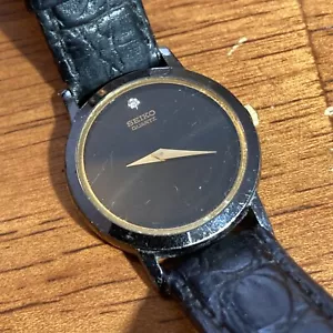 Seiko Womans Watch 1N00-0C99 Black Diamond Dial Leather Band Works w New Batt - Picture 1 of 7