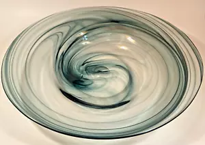 Studio Art Blown Glass 14” Center Piece Bowl With Green Swirl Design Art Deco - Picture 1 of 7