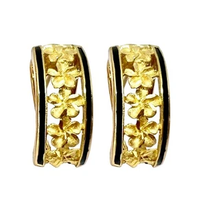 Hawaiian Heirloom Jewelry 14K Gold Cut Out Plumeria Flower Black Border Earrings - Picture 1 of 2